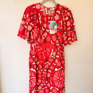 NWT RHODE X Target Women's Zinnia Red Floral Print Bell Sleeve Midi Dress Size 8